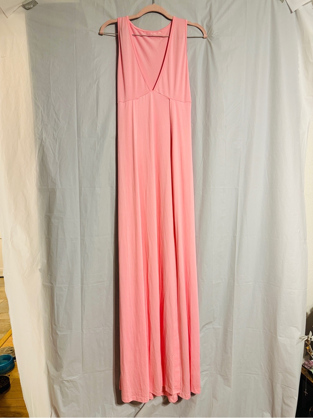 Women’s Pink Coral Maxi Dress Size Small Deep V Neck Open Side Slit Flowy